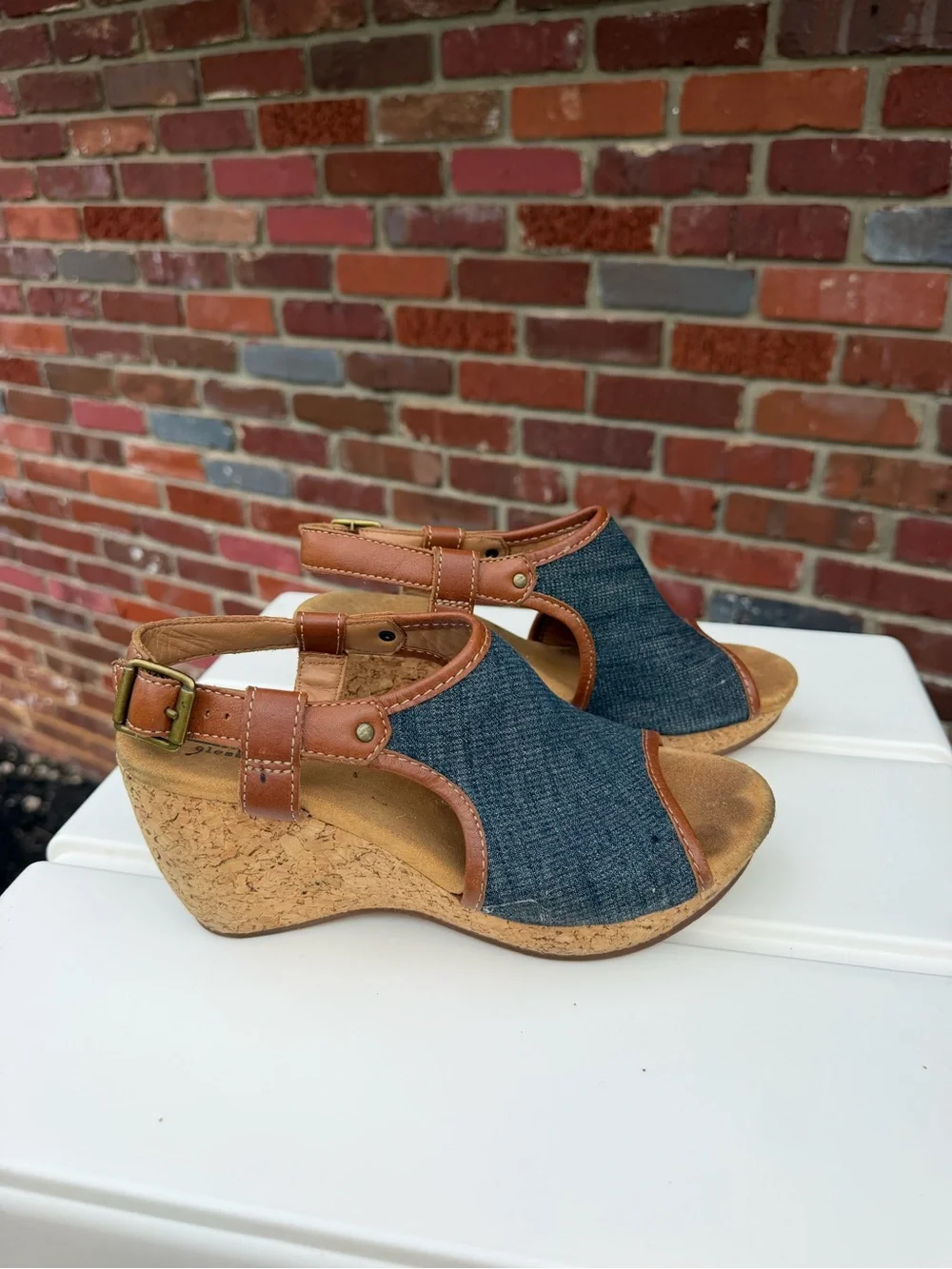 Clarks Denim and Brown Leather Open-Toe Wedge Sandals
